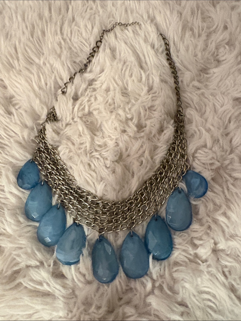 Statement Blue Teardrop Necklace - Women's Silver Chain Bib